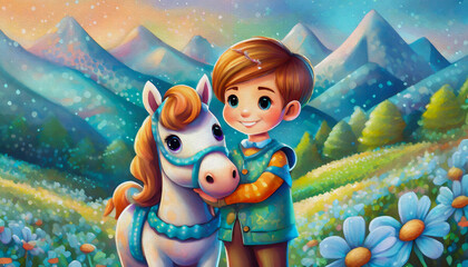 Fototapeta premium oil painting style cartoon character illustration A little boy hugs a white horse 