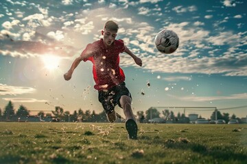 Young male soccer player juggles a ball with his head on a soccer field