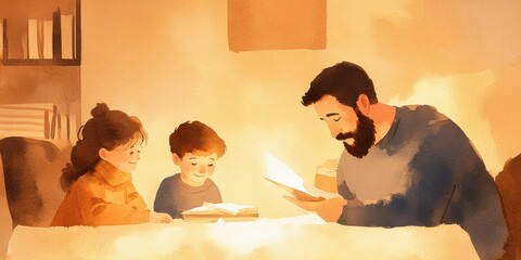 A warm family moment, a father reading to his children, creating unforgettable memories in a cozy setting.