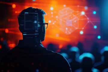 Startup product demo in front of a live audience close up, focus on, copy space bold lighting, energetic colors, double exposure silhouette with tech interfaces