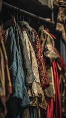 A vibrant collection of traditional garments hanging on a rack, showcasing rich colors and intricate patterns in soft lighting.