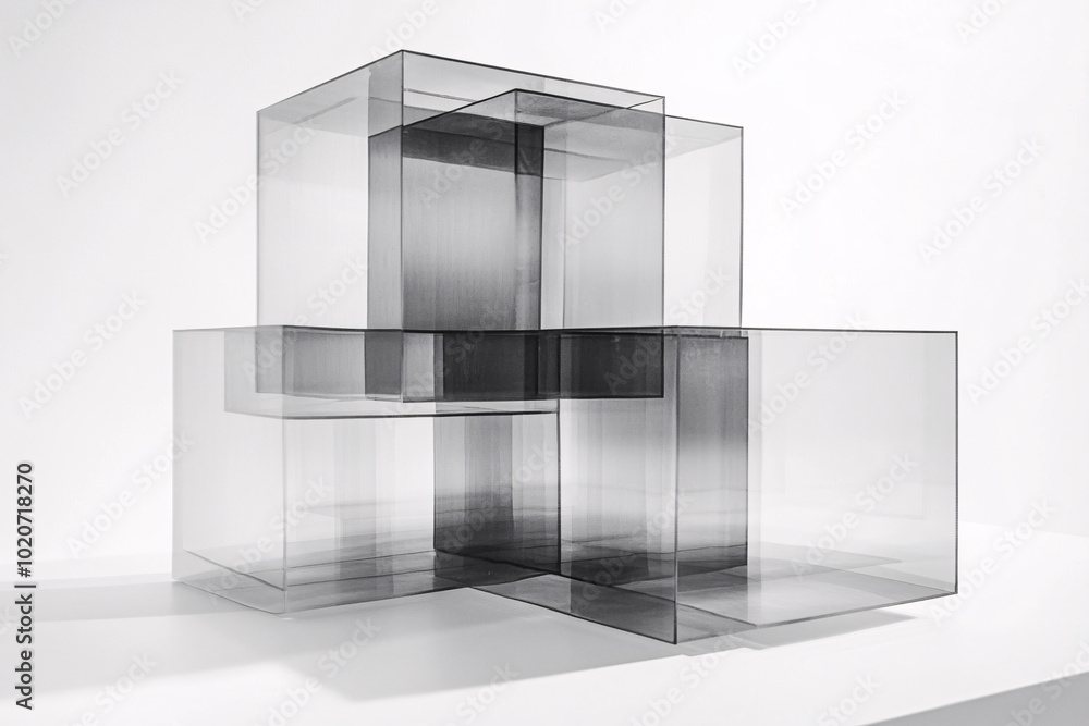Aufkleber a group of overlapping translucent glass cubes arranged in a complex geometric structure, casting sh