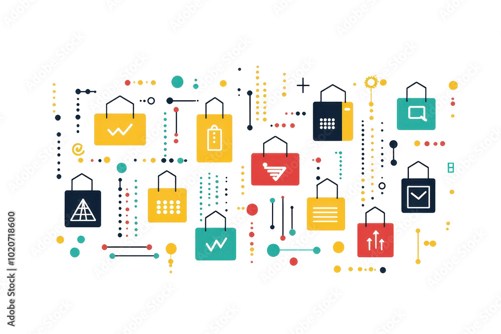 Poster colorful network graphic with digital elements and geometric shapes connecting lines, representing t