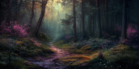 Fototapeta premium Spring in the mystical magical enchanting forest woods of spirits. 