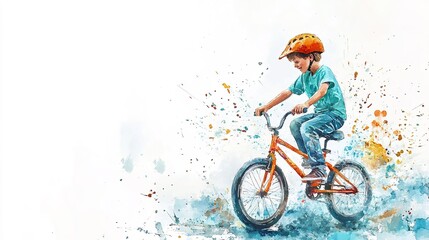 Naklejka premium Watercolor of a little boy riding a bicycle, vibrant splashing paint, set against a clean white background