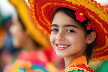Fototapeta premium Smiling young girl with colorful traditional dress and flowers