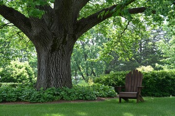 A Wooden Chair Beneath a Large Tree in a Lush Garden