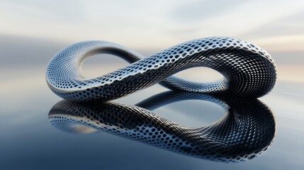 A sleek infinity loop sculpture reflects on calm water against a serene sky during twilight