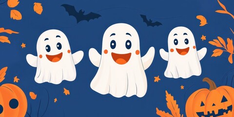 Obraz premium Cheerful cartoon ghosts with pumpkins and bats create a fun Halloween atmosphere, perfect for festive decorations and celebrations.