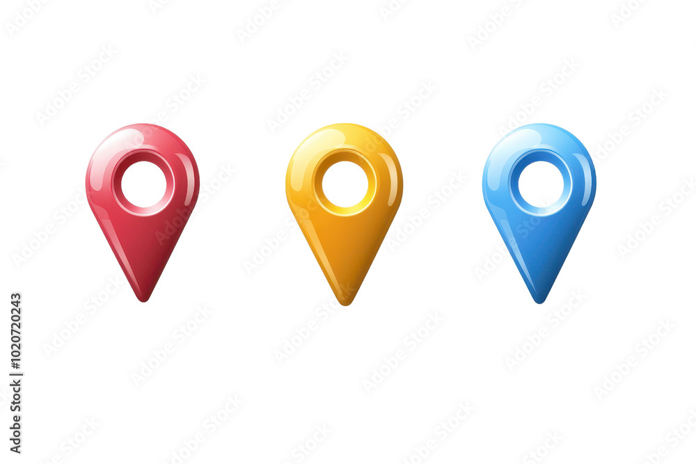 Poster colorful map markers in red, yellow, and blue on a transparent background, ideal for navigation apps