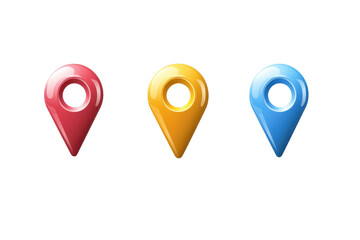 Colorful map markers in red, yellow, and blue on a transparent background, ideal for navigation apps and location-based services.
