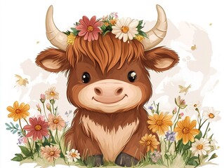 Cartoon baby Highland cow with a big smile, surrounded by bright flowers, set against a white backdrop