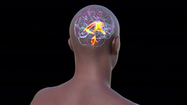 Ventricular system of the brain, 3D animation. The ventricles are cavities in the brain that are filled with cerebrospinal fluid (CSF).