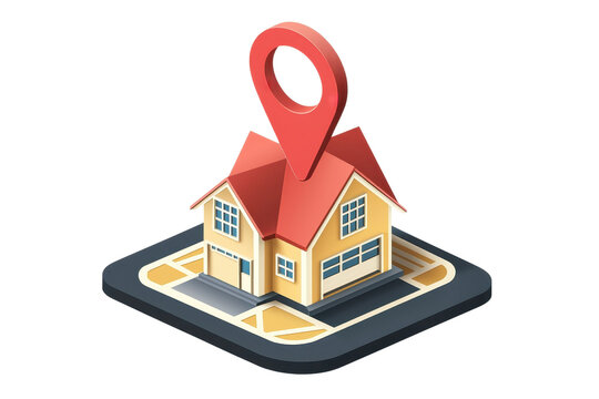 recommend clip art: Illustration of a house with a map pin icon representing real estate, location, and home search concepts.