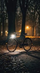 Fototapeta premium A vintage bicycle illuminated at night surrounded by trees and fallen leaves, capturing a serene autumn ambiance.