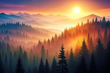 Forest sunset nature abstract background with trees mountains and gradient colors Aerial