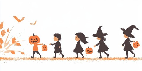 Fototapeta premium Children dressed in Halloween costumes happily walk while carrying pumpkin buckets, celebrating the festive season.