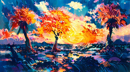 Vibrant Tropical Trees and Sunset Reflections: A Surreal Landscape Art with Orange Hues and Palm Trees