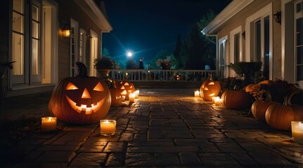 Obraz premium A Luxury House with a Halloween Theme, Decorated Halloween Pumpkins
