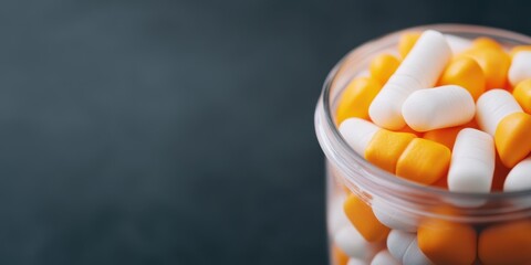 Colorful capsules in a clear jar, symbolizing health, medicine, and pharmaceutical care.