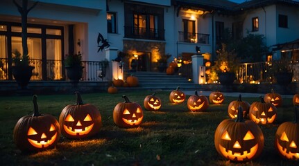 Obraz premium A Luxury House with a Halloween Theme, Decorated Halloween Pumpkins