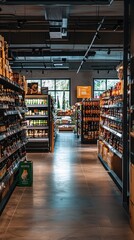 A well-organized grocery aisle showcasing a variety of products in a modern store with natural light streaming through windows.