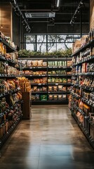 Fototapeta premium A well-organized grocery store aisle filled with colorful products, showcasing fresh produce and packaged goods in a modern setting.