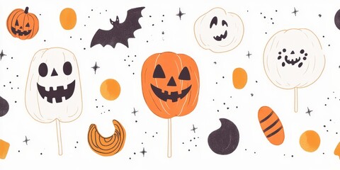 Colorful Halloween treats and decorations with pumpkins, ghosts, and candies perfect for festive designs and celebrations.