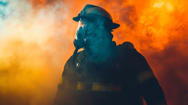 A brave firefighter stands amidst vibrant smoke, showcasing courage and resilience in the face of danger, ready to protect and serve the community.