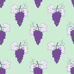 Grape seamless pattern is mint green background, purple grape berries and leaves.