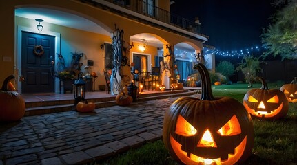 Fototapeta premium A Luxury House with a Halloween Theme, Decorated Halloween Pumpkins