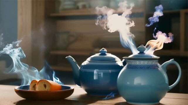 a hot blue teapot sitting on a table