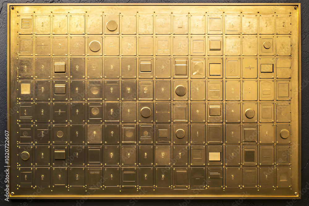Poster a close-up of a gold circuit board with intricate patterns, electronic components, and a reflective 