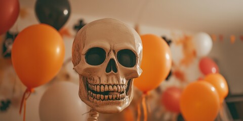 Decorative skull amidst colorful balloons creates a festive Halloween atmosphere ideal for themed celebrations.