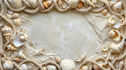 Nautical theme frame with ropes and seashells on sandy background