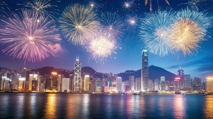 Spectacular fireworks display over the vibrant city skyline