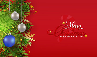 Merry Christmas red gradient background design with Christmas ball, snow, and light effects. Realistic Christmas invite card design with a gift box and red color. Christmas holiday background. 