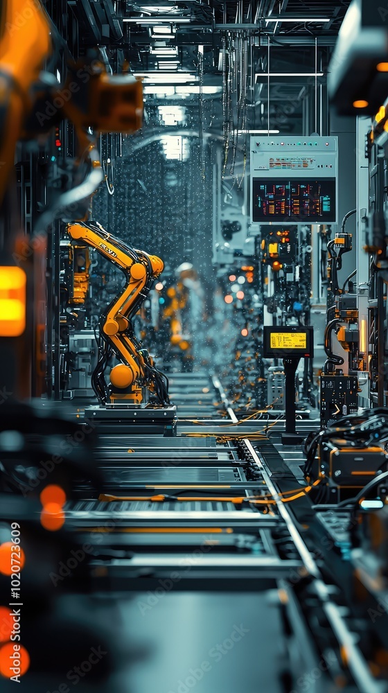 Poster advanced robotic technology in a modern manufacturing facility showcases automation and efficiency i
