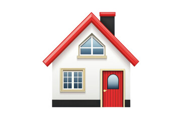 Obraz premium Illustration of a small white house with a red roof and door, featuring a chimney and windows, symbolizing home and family life.