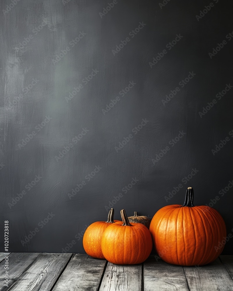 Wall mural Pumpkins on wooden floor against gray wall for Halloween decor