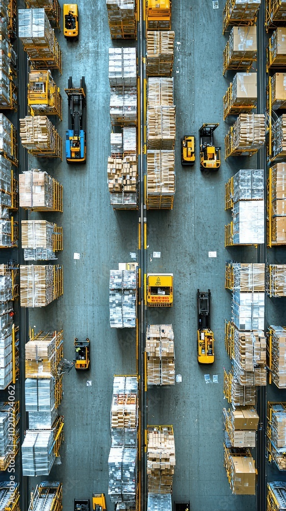 Poster aerial view of a busy warehouse with multiple forklifts and stacked pallets, showcasing efficient lo