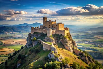 Fototapeta premium Fortress castle on hilltop overlooking landscape