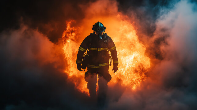 A brave firefighter emerges from flames, showcasing courage and resilience in a dramatic scene filled with smoke and fire.