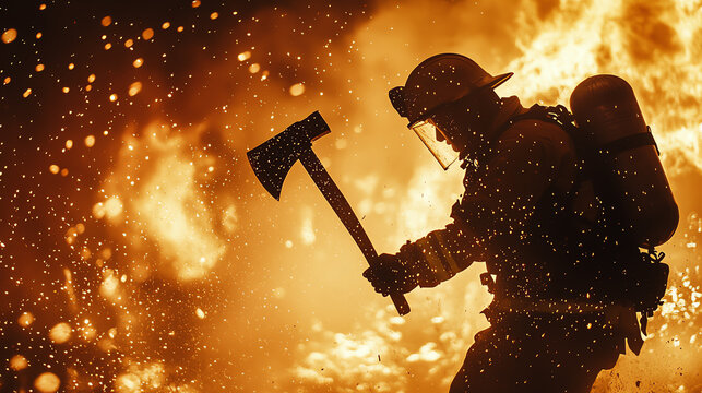 A firefighter bravely battling flames with an axe, showcasing heroic duty amidst dramatic fire and sparks, silhouette against an intense backdrop.