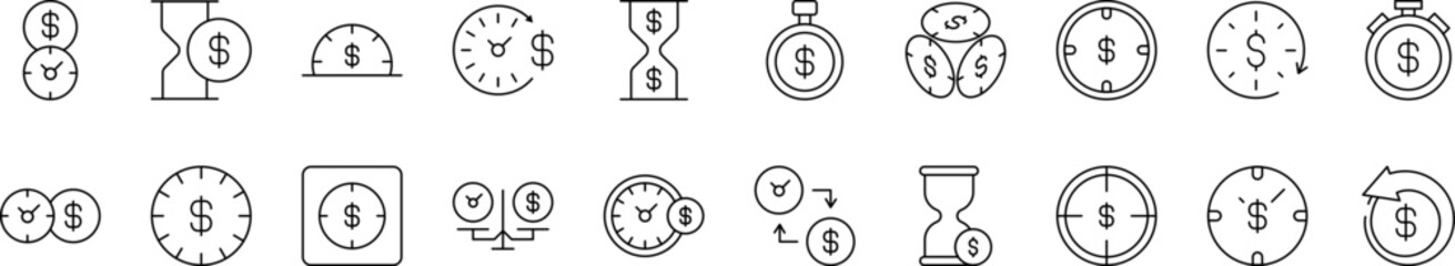 Dollar and Money Outline Icon Collection. Editable Stroke. Perfect for Infographics, Articles, Books, Flyers, Banners
