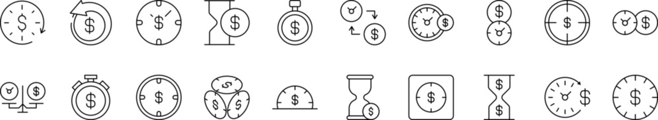 Dollar and Money Outline Icon Collection. Editable Stroke. Perfect for Infographics, Articles, Books, Flyers, Banners