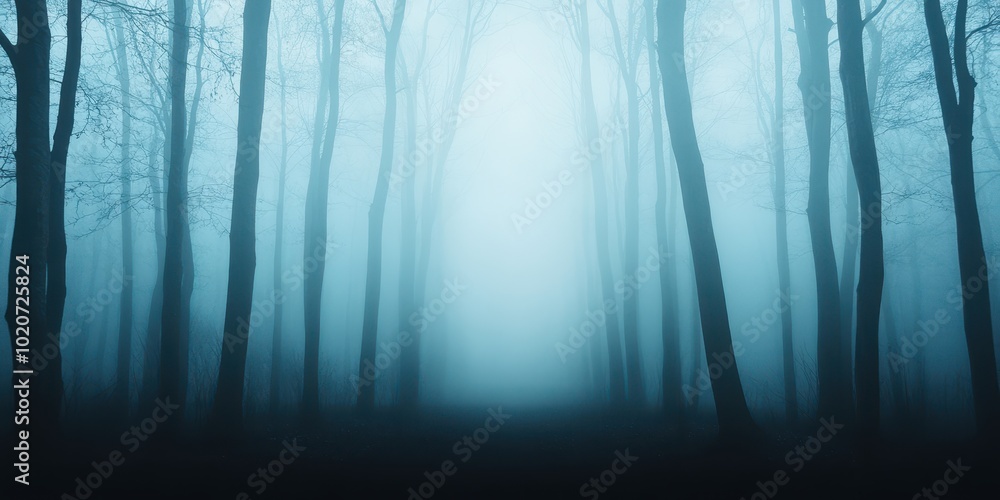 Poster mysterious fog envelops a serene forest, creating an ethereal atmosphere perfect for nature-themed p