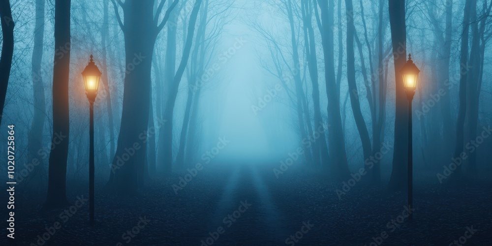 Poster mysterious forest scene shrouded in fog, illuminated by glowing lanterns, creating an eerie atmosphe