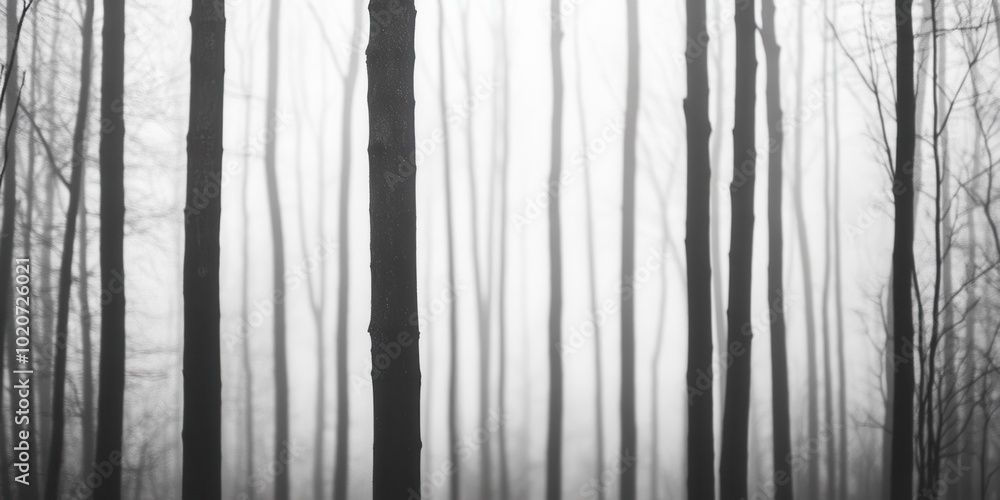 Poster mysterious forest scene with tall trees shrouded in fog, creating a serene and atmospheric landscape