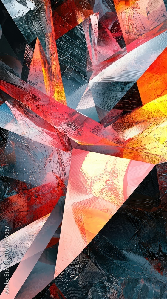 Poster an abstract artwork featuring sharp angles and vibrant colors, creating a dynamic visual experience 